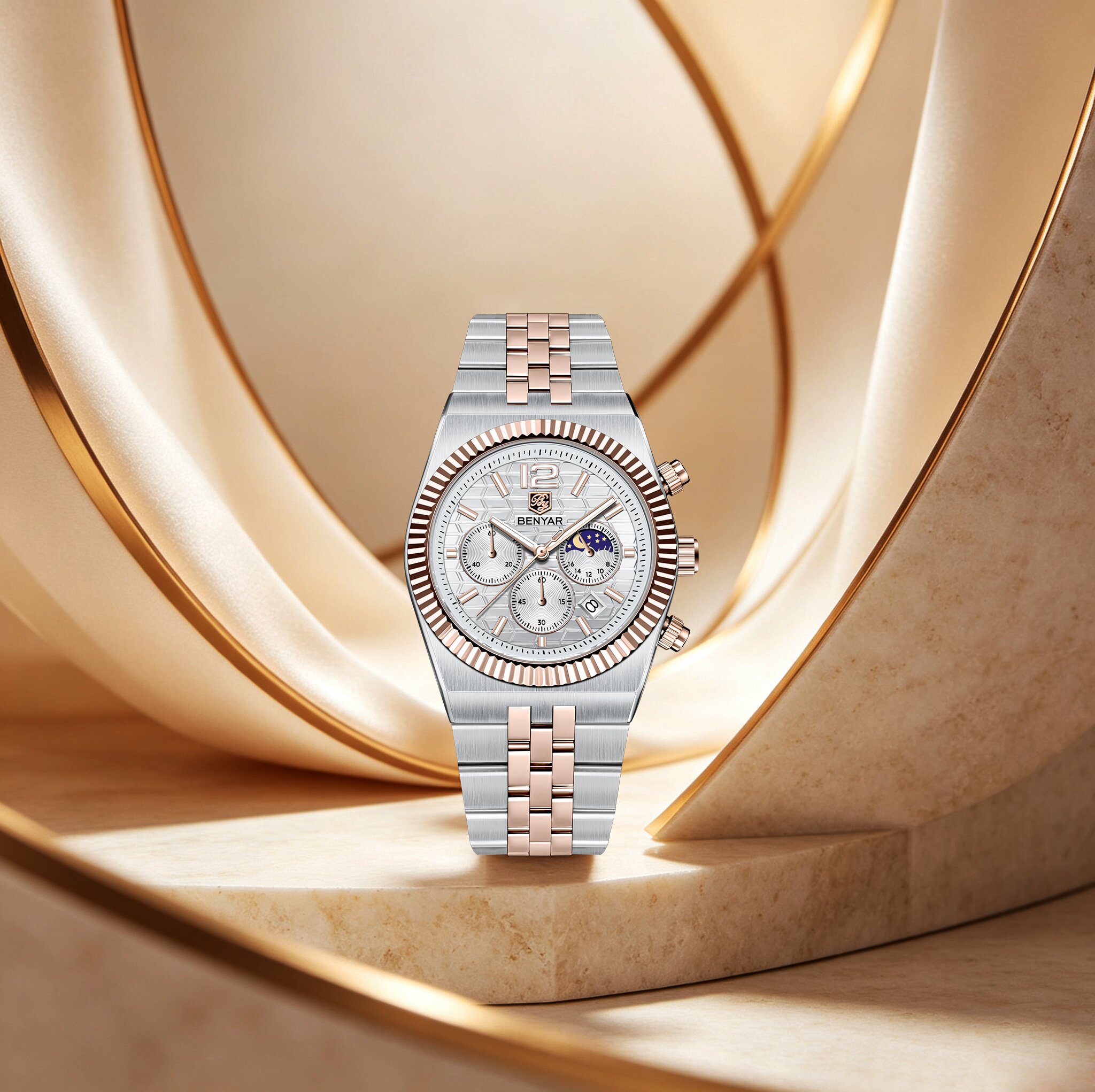 Luxury Watch Moon Phase - BENYAR 럭셔리 투톤 남성용 쿼츠 시계