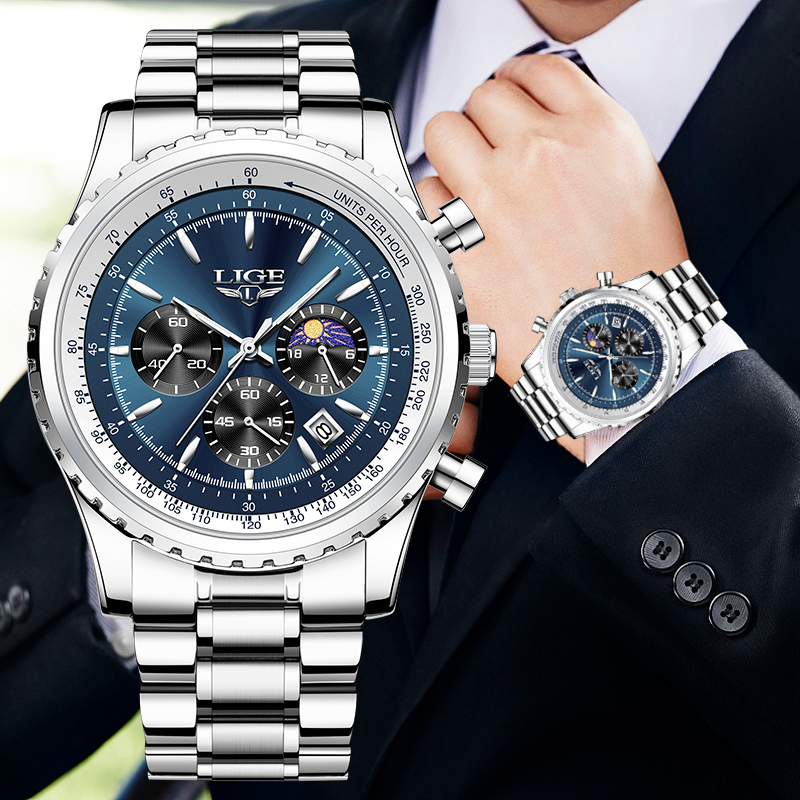 Luxury Watch Moon Phase - LIGE 남성용 럭셔리 쿼츠 시계, 문페이즈