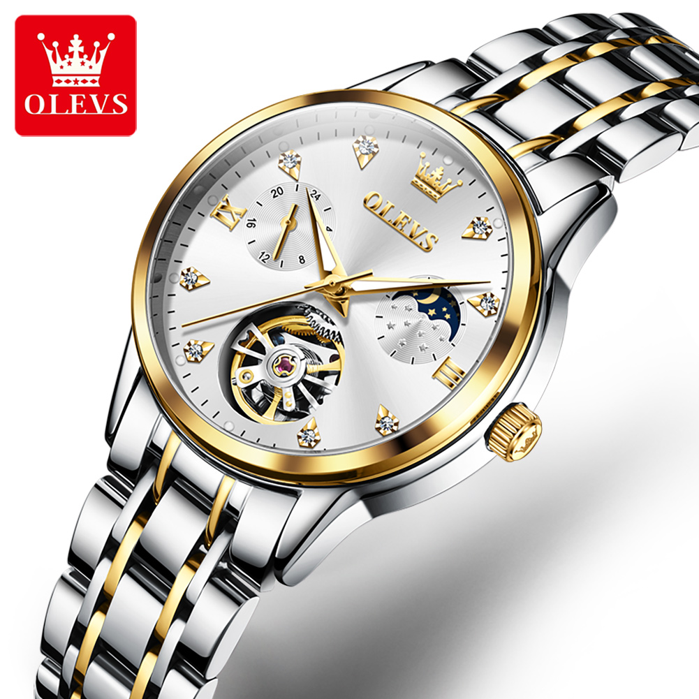 Luxury Watch Moon Phase - OLEVS 6608 스켈레톤 디자인의 여성용 자동