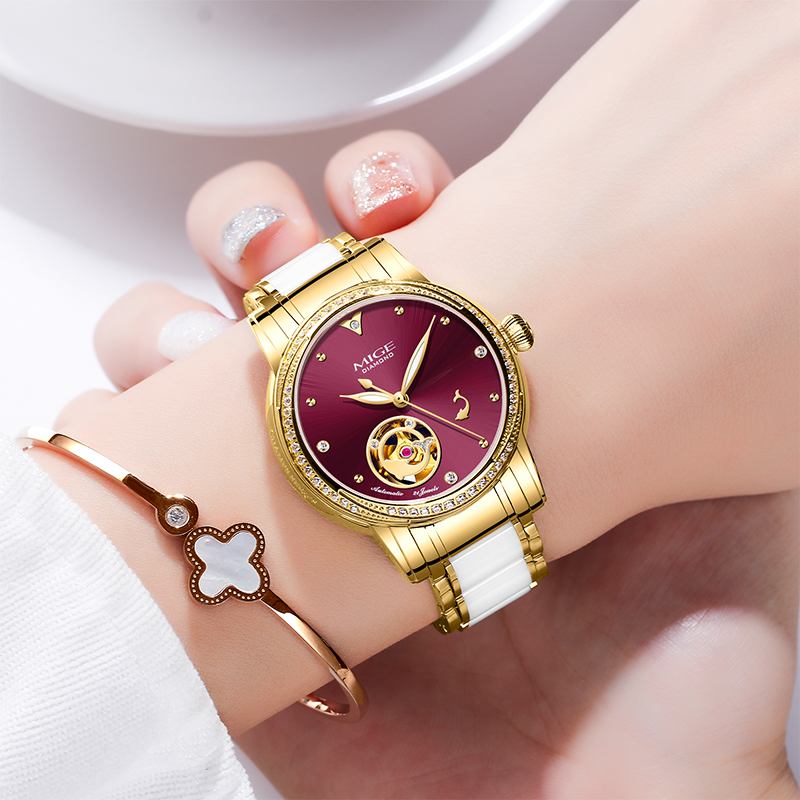 MIGE 여성용 스켈레톤 오토 시계 골드 화이트 세라믹 - Luxury Watch Lady 리뷰 및 가격