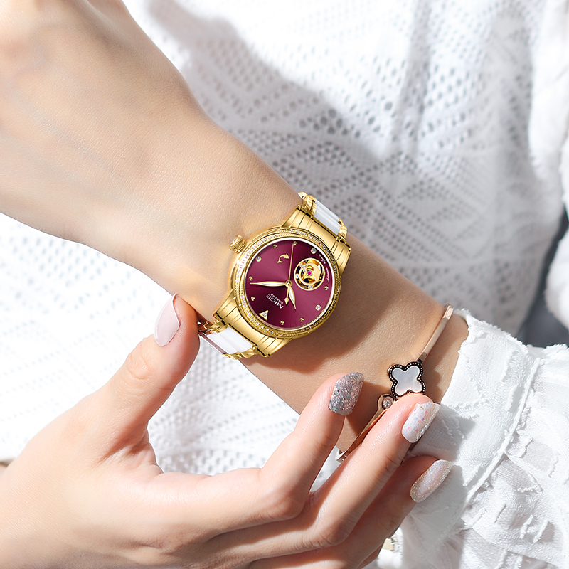 MIGE 여성용 스켈레톤 오토 시계 골드 화이트 세라믹 - Luxury Watch Lady 리뷰 및 가격
