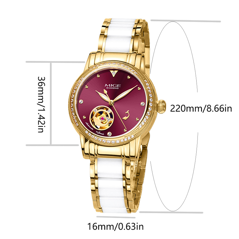 MIGE 여성용 스켈레톤 오토 시계 골드 화이트 세라믹 - Luxury Watch Lady 리뷰 및 가격