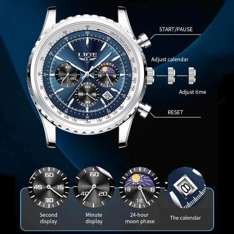 LIGE 남성용 럭셔리 쿼츠 시계, 문페이즈 스테인리스 - Luxury Watch Moon Phase 리뷰 및 가격