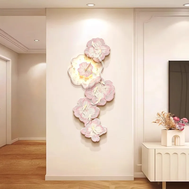 핑크 꽃 조명 럭셔리 벽시계, 창의적인 홈 장식, 거실 - Luxury Watch House 리뷰 및 가격