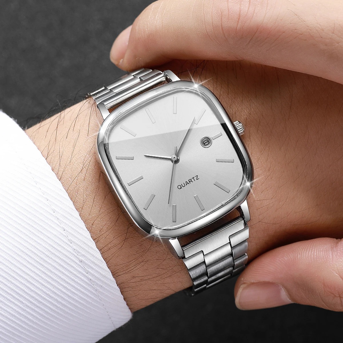 2PCS 패션 스퀘어 남성 비즈니스 시계 세트 실버 컬 - Luxury Watch Under 20000 리뷰 및 가격