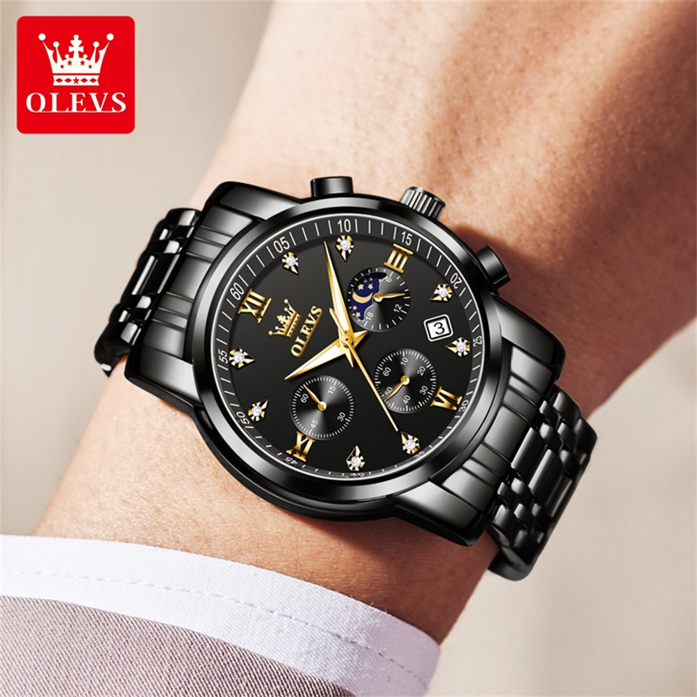 OLEVS 인기 남성용 시계 스테인레스 스틸 블랙 문  - Luxury Watch Moon Phase 리뷰 및 가격